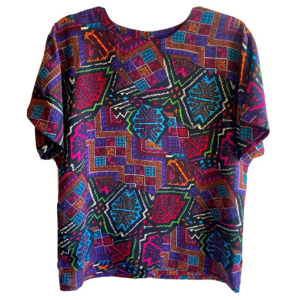 NICOLA Vintage Colorful Short Sleeve Blouse Size Medium